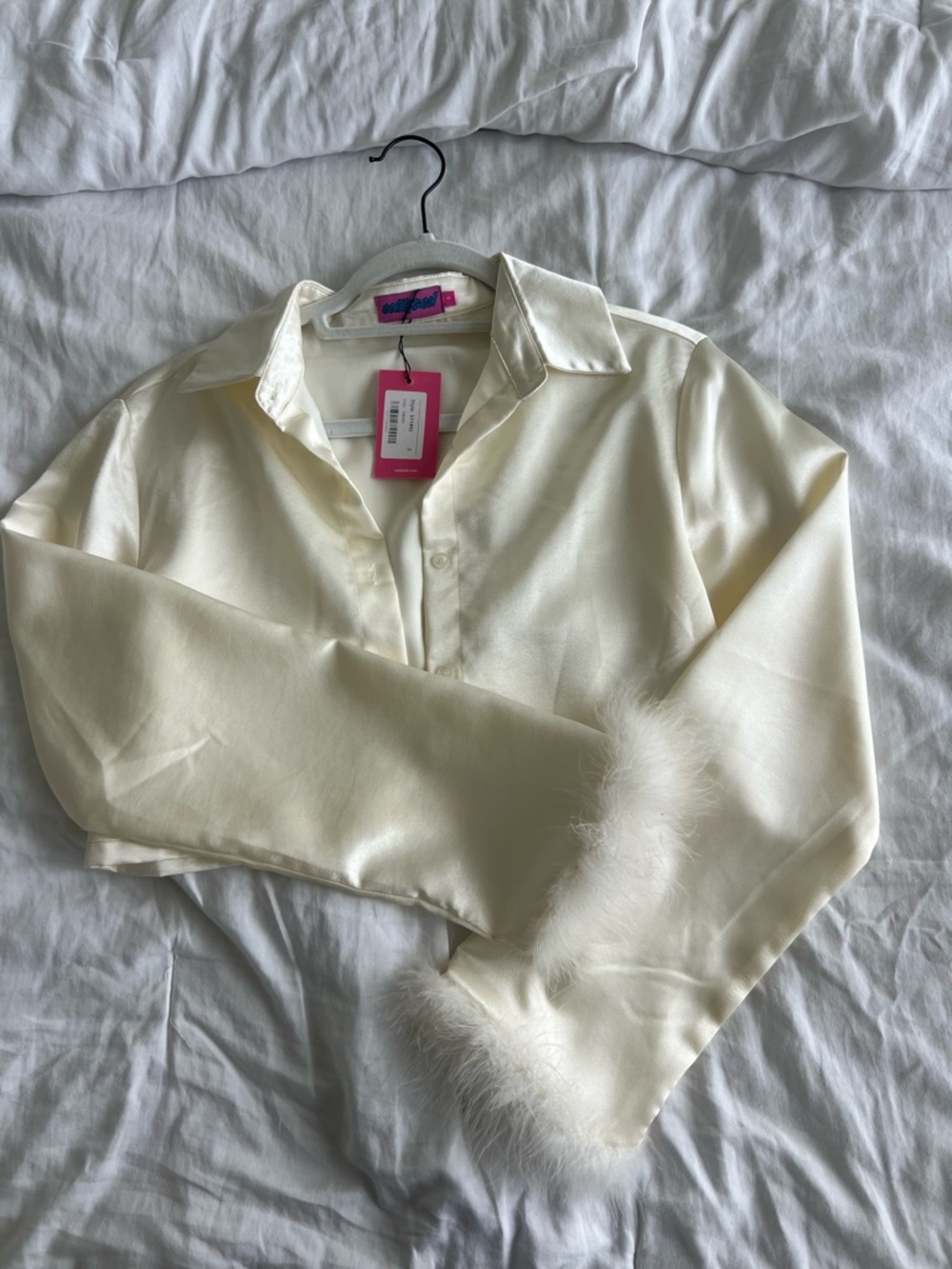 Edikted Ivory Satin Button-Up Shirt with Feather-Trim Cuffs